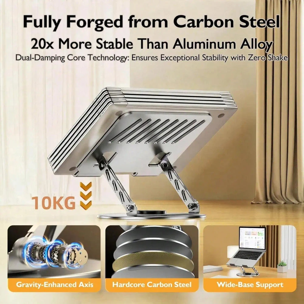 Carbon steel laptop stand 20x more stable than aluminum alloy, supports up to 10KG, with gravity-enhanced axis, hardcore carbon steel base, and wide-base support