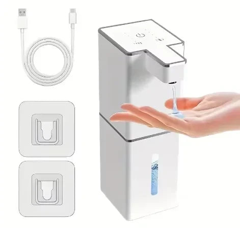USB rechargeable automatic foam soap dispenser in white with USB charging cable and two adhesive wall mount brackets, dispensing liquid soap into hand