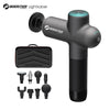 Booster Lightsaber massage gun with 8 interchangeable massage heads including flat, bullet, ball, thumb, fork, mushroom and hot compress heads, plus black carrying case on white background