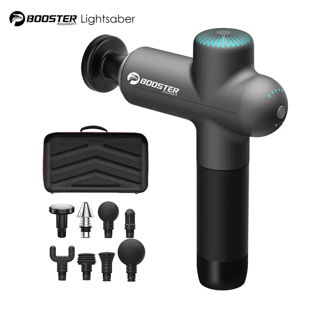 Booster Lightsaber massage gun with 8 interchangeable massage heads including flat, bullet, ball, thumb, fork, mushroom and hot compress heads, plus black carrying case on white background