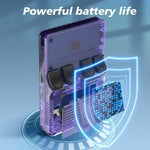 Transparent purple retro handheld game console back view showing powerful battery inside protective shield graphic