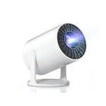 Compact 4K mini projector white cylindrical design with adjustable stand on white background