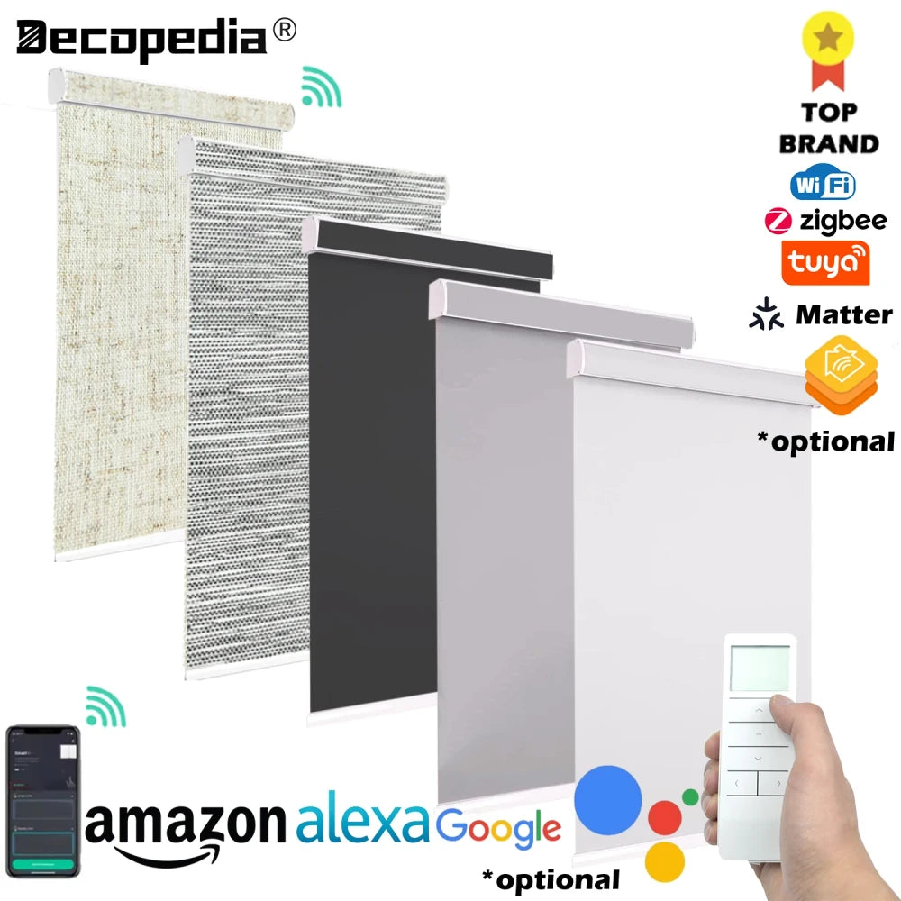 Decopedia motorized smart roller blinds in four fabric styles with WiFi, Zigbee, Tuya, and Matter compatibility, controllable via Amazon Alexa, Google Home, remote, and smartphone app