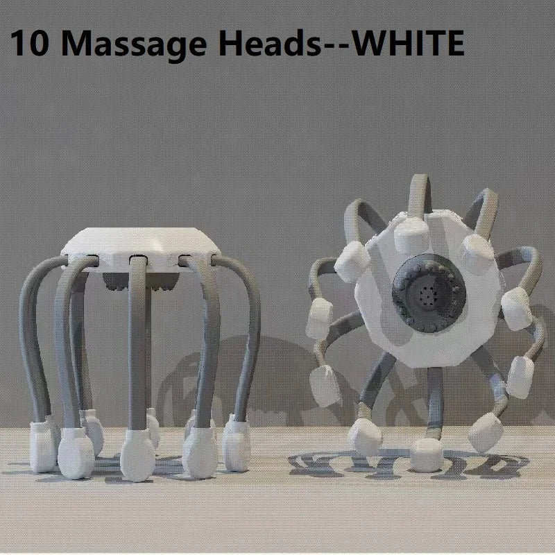 White octopus head massager with 10 massage heads shown in upright and side view on gray background