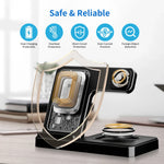 Safe & Reliable feature graphic showing 5 protection icons: over charging protection, overheat protection, short circuit protection, over current protection, foreign object detection; cutaway view of internal coils