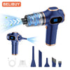 BELIBUY blue portable handheld vacuum cleaner in blow and suction modes with full accessory set: USB cable, HEPA filter, two long nozzles, angled nozzle, brush nozzle, and crevice brush