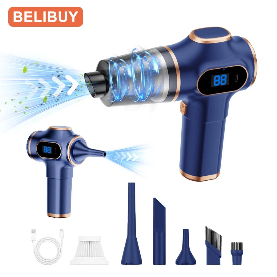 BELIBUY blue portable handheld vacuum cleaner in blow and suction modes with full accessory set: USB cable, HEPA filter, two long nozzles, angled nozzle, brush nozzle, and crevice brush