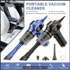 Portable handheld vacuum cleaner in blue and black versions with accessories including brush nozzle, flat nozzle, filter, and USB-C charging cable; features long endurance, dual blow/suction function, compact design, and Type-C charging; for car and home use