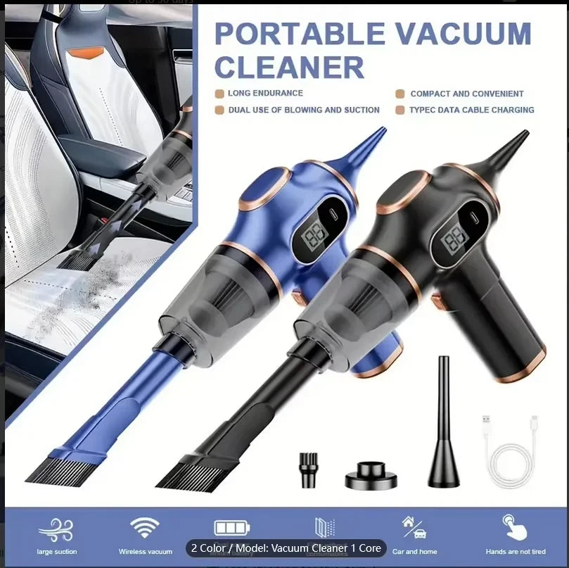 Portable handheld vacuum cleaner in blue and black versions with accessories including brush nozzle, flat nozzle, filter, and USB-C charging cable; features long endurance, dual blow/suction function, compact design, and Type-C charging; for car and home use
