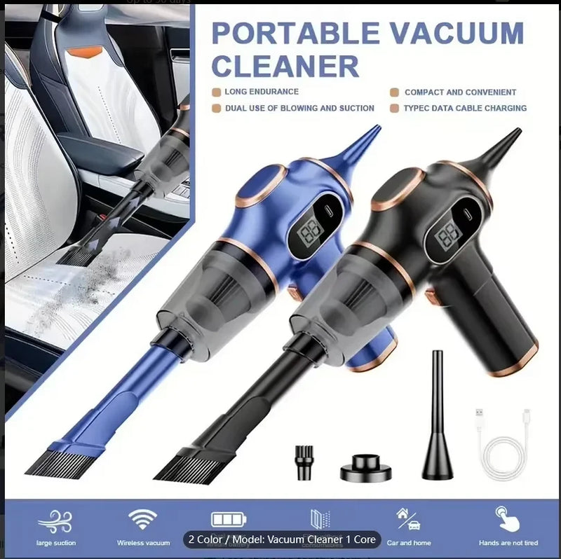 Portable handheld vacuum cleaner in blue and black versions with accessories including brush nozzle, flat nozzle, filter, and USB-C charging cable; features long endurance, dual blow/suction function, compact design, and Type-C charging; for car and home use