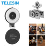 TELESIN magnetic selfie ring light product overview showing front view with brightness button, magnetic attachment to iPhone, and four lifestyle use cases including selfie, video call on tablet, night photography, and desktop stand