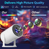 Compact 4K mini projector picture quality comparison showing 1080P full support, LED lamp, ultra-long life, and 800:1 contrast ratio versus competitors