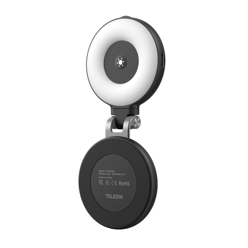 TELESIN magnetic selfie ring light in black, unfolded showing USB-C charging port on ring light and FCC/CE/RoHS certification on magnetic base