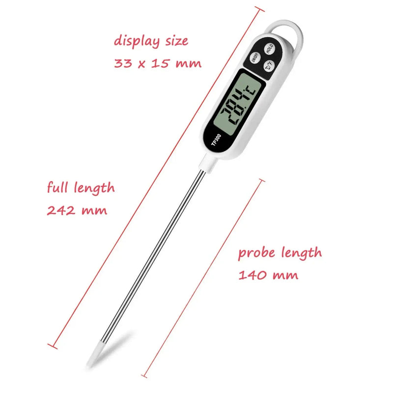 TP300 digital instant read thermometer dimensions: 242mm full length, 140mm probe length, 33x15mm LCD display; thermometer shown at an angle on white background