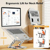 Metal laptop stand at 270mm height with 360-degree swivel base showing ergonomic lift for neck relief, comparing correct vs incorrect sitting posture diagram