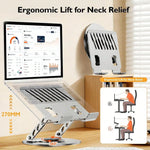 Metal laptop stand at 270mm height with 360-degree swivel base showing ergonomic lift for neck relief, comparing correct vs incorrect sitting posture diagram