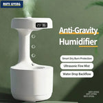 Anti-gravity humidifier emitting fine mist with features listed: dry burn protection, ultrasonic fine mist, water drop backflow