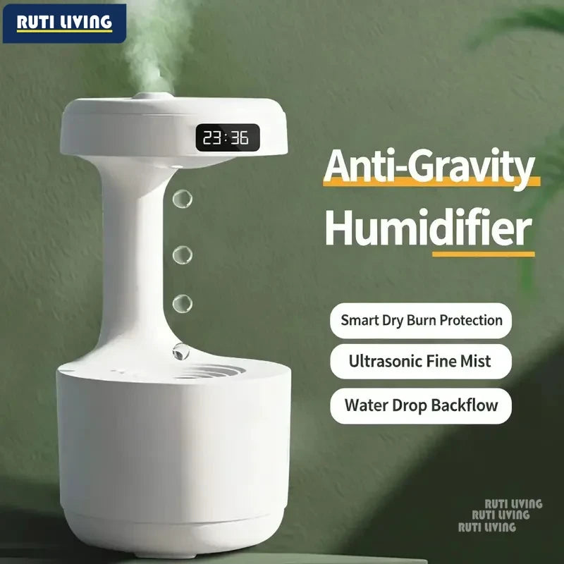 Anti-gravity humidifier emitting fine mist with features listed: dry burn protection, ultrasonic fine mist, water drop backflow