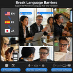 AI smart glasses breaking language barriers with real-time translation in 150+ languages including English, Spanish, and Japanese; powered by ChatGPT and DeepSeek with local processing via Bluetooth 5.4 and Wi-Fi