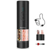 HeatBay black 2-in-1 electric salt and pepper grinder with S and P buttons, split chamber showing mixed peppercorns and pink himalayan salt; includes USB charging cable, cleaning brush, and refillable bottom compartment, on white background