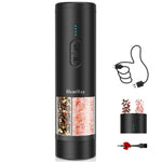 HeatBay black 2-in-1 electric salt and pepper grinder with S and P buttons, split chamber showing mixed peppercorns and pink himalayan salt; includes USB charging cable, cleaning brush, and refillable bottom compartment, on white background