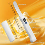 Heated butter knife product diagram showing 3.34-inch heated blade, 5.7-inch ergonomic handle, 9-inch total length, temperature display, power/mode button, blade sheath, and wired charging port