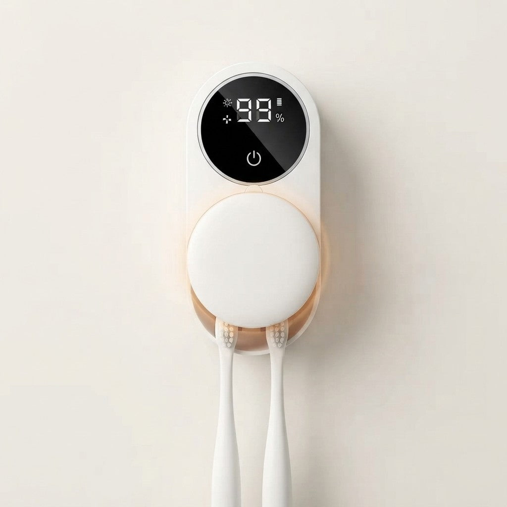 Wall-mounted automatic rotating toothbrush dryer with LED display showing humidity level