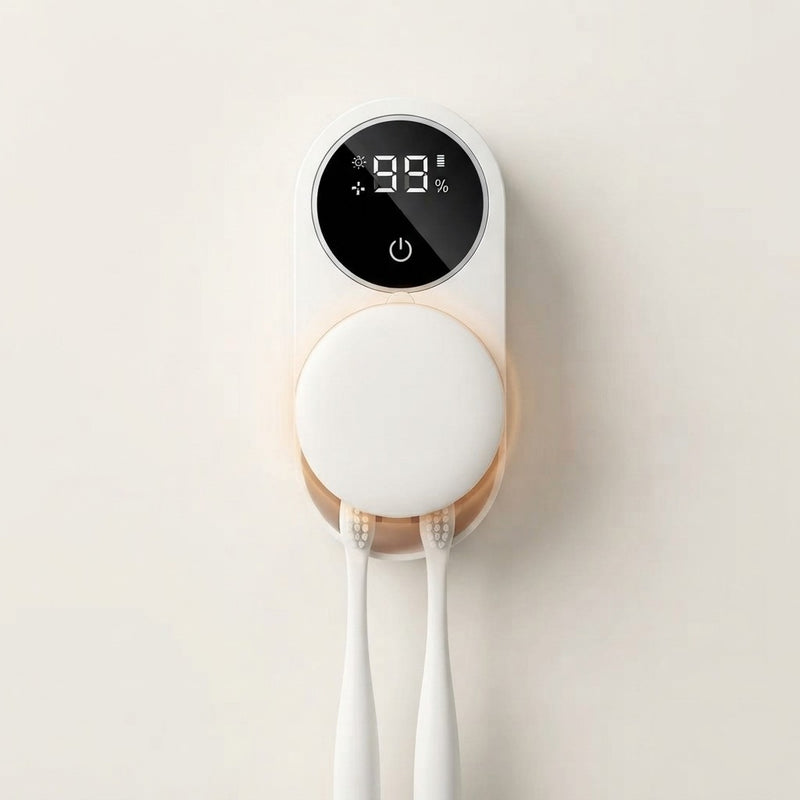 Wall-mounted automatic rotating toothbrush dryer with LED display showing humidity level