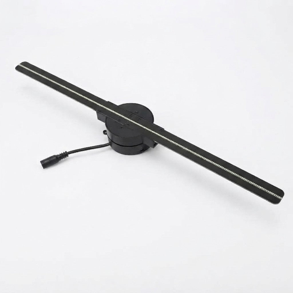 3D hologram fan projector with dual LED blades and power cord on white background