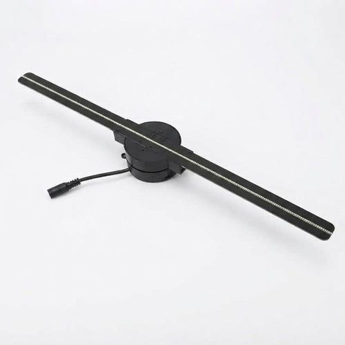 3D hologram fan projector with dual LED blades and power cord on white background