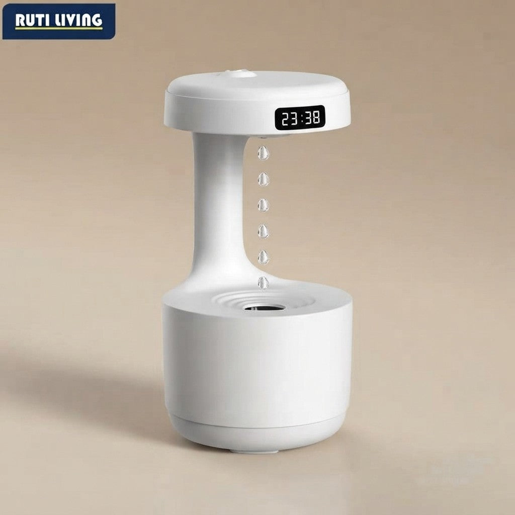 Anti-gravity ultrasonic air humidifier with LED clock display and floating water droplet effect on beige background