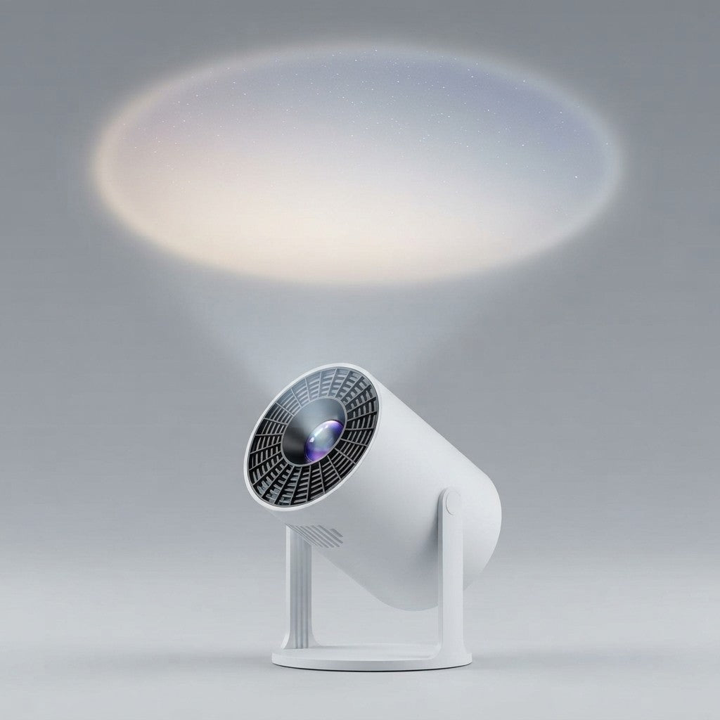 Compact 4K mini projector on adjustable stand projecting light upward on gray background
