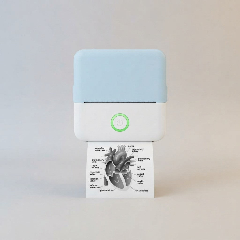 Portable thermal pocket printer in blue printing heart anatomy diagram on beige background