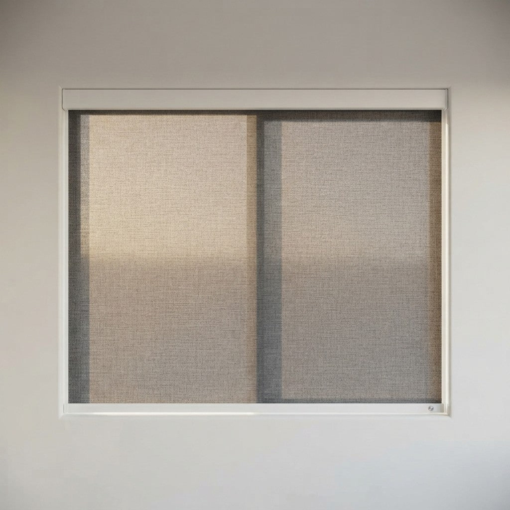 Decopedia motorized smart roller blinds installed on window showing partial open position with beige linen fabric on neutral wall