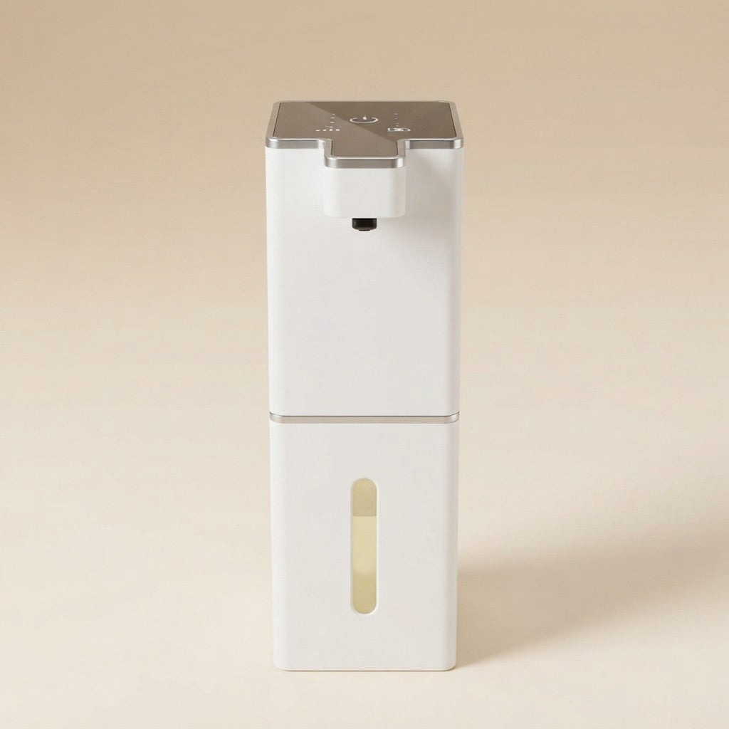 USB rechargeable automatic foam soap dispenser in white with silver trim and touch controls on beige background