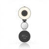 TELESIN magnetic selfie ring light in black with built-in mirror, folded open showing ring light on top and magnetic base on bottom, white background