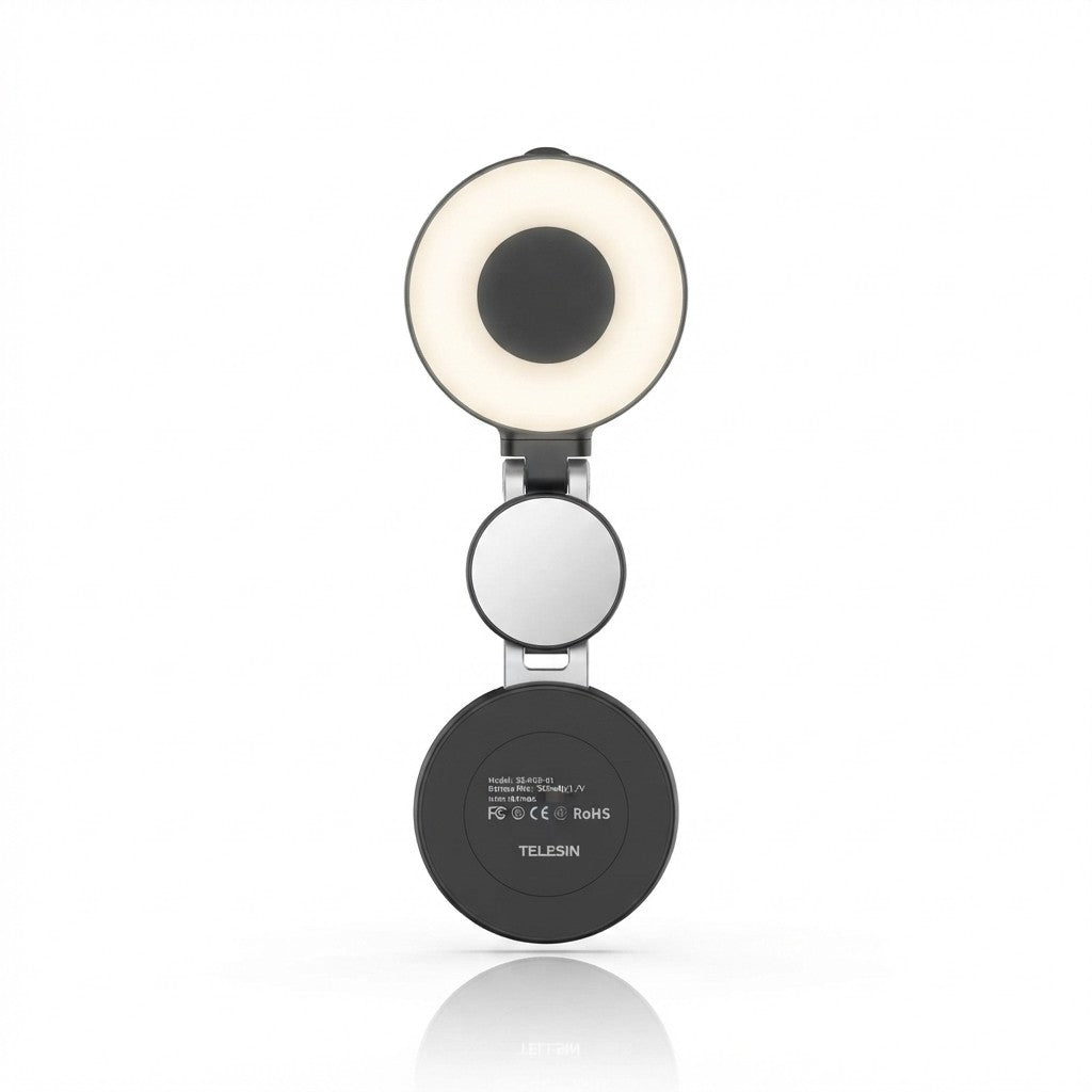 TELESIN magnetic selfie ring light in black with built-in mirror, folded open showing ring light on top and magnetic base on bottom, white background