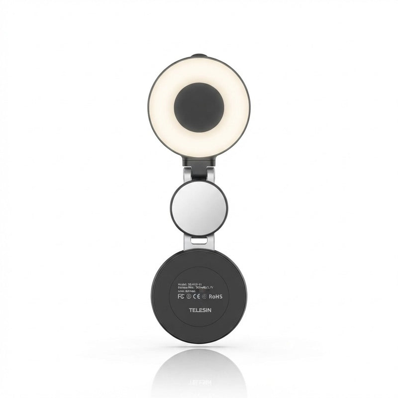 TELESIN magnetic selfie ring light in black with built-in mirror, folded open showing ring light on top and magnetic base on bottom, white background