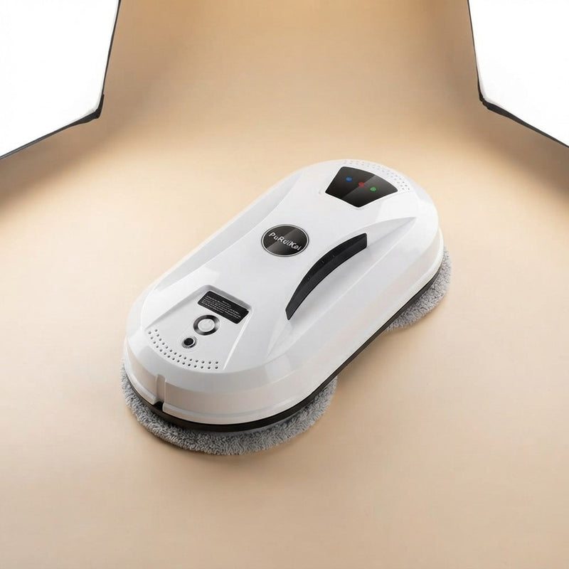 PuRuiKai electric window cleaning robot in white with microfiber pads and blue, red, and green LED status indicators, angled view on beige background
