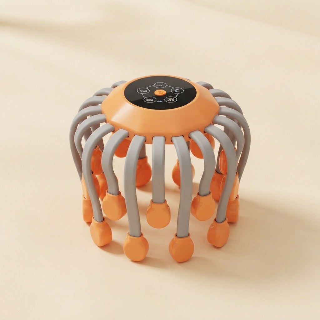Orange octopus electric head massager with gray flexible arms and orange massage tips, touch control panel on top, on beige background