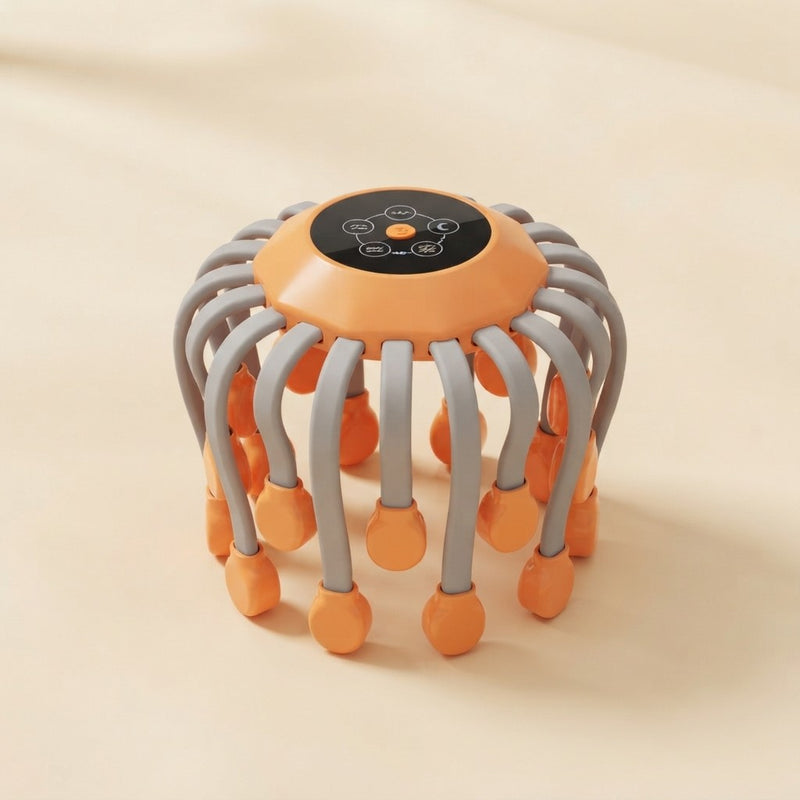 Orange octopus electric head massager with gray flexible arms and orange massage tips, touch control panel on top, on beige background