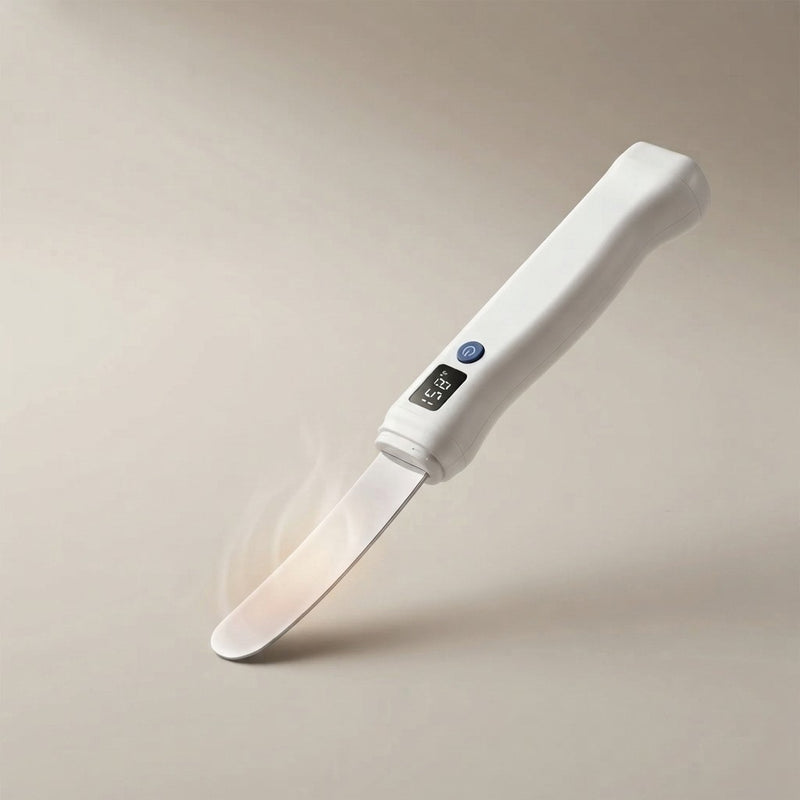 White USB rechargeable heated butter knife with stainless steel blade, LED temperature display, and power button, floating on beige background