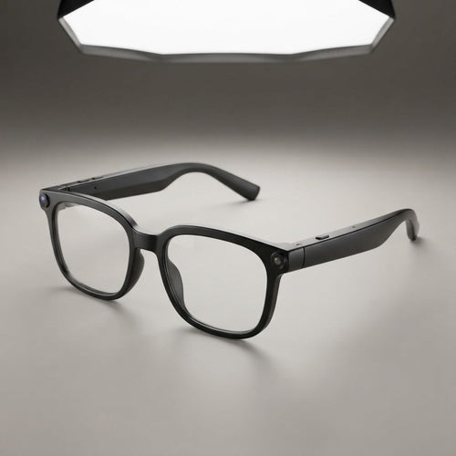Black AI smart glasses with clear lenses, built-in camera on left temple, and hidden speakers in arms, product shot on gray background