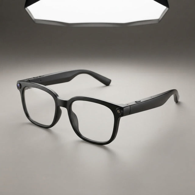 Black AI smart glasses with clear lenses, built-in camera on left temple, and hidden speakers in arms, product shot on gray background
