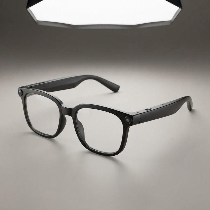 Black AI smart glasses with clear lenses, built-in camera on left temple, and hidden speakers in arms, product shot on gray background