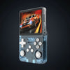 Transparent lake blue retro handheld game console with dual joysticks, D-pad, XYAB buttons, and racing game on screen, dark background