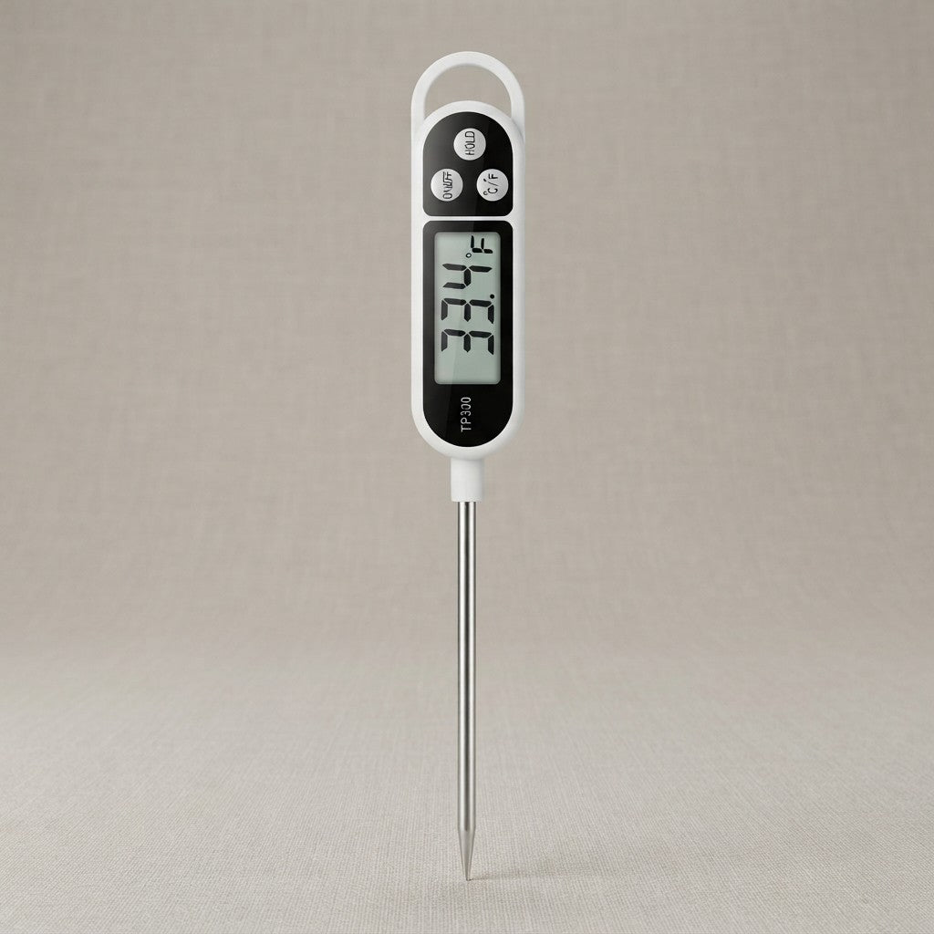 TP300 digital instant read meat thermometer in white with black display panel showing 33.4°F, Hold and C/F buttons, stainless steel probe, and hanging loop, on grey background