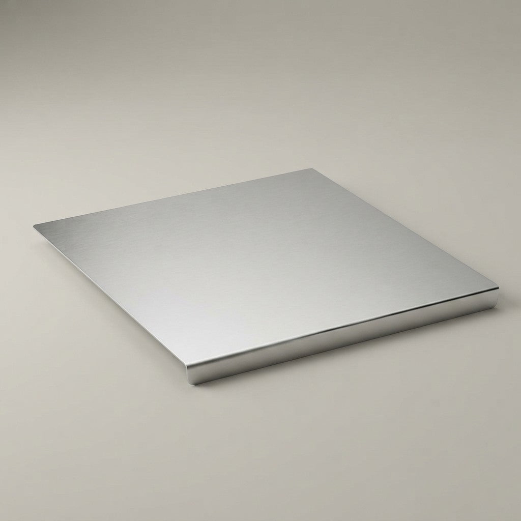 Stainless steel kitchen cutting board flat lay on neutral background
