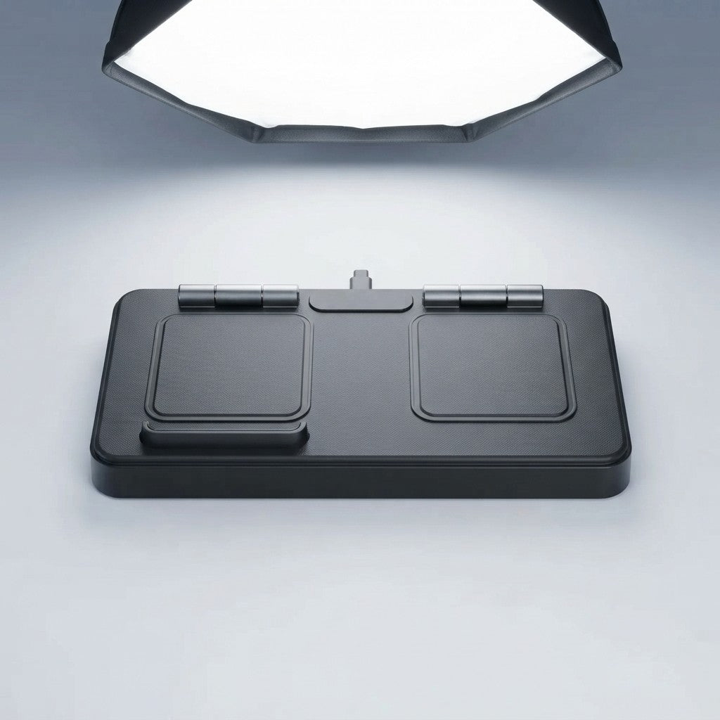 Foldable magnetic wireless charging station in flat/folded position showing two square charging pads and center hinge with USB-C port, on grey background under studio lighting